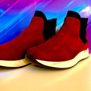 Stylish, maroon colored shoes with sliver and black around the back and sides.